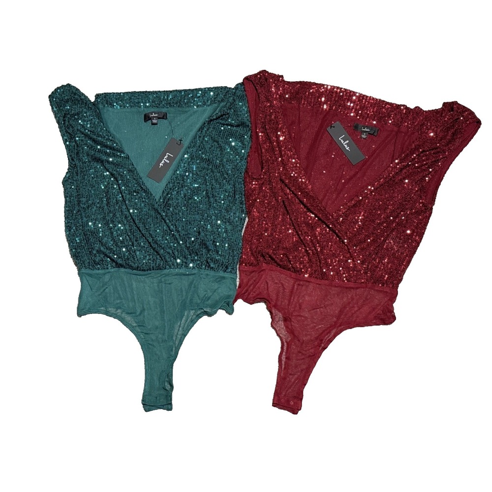 Lot of 2 Lulus Evening of Wonder Burgundy & Green Sequin Cowl Back Bodysuit Sz S